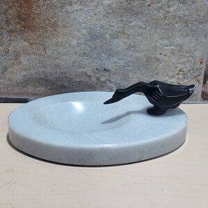Decorative Marble Soap Dish Jewelry Holder Black Metal Bird Figure